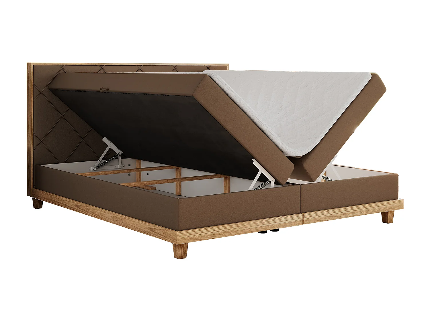 Boxspringbett CAICOS - mit gestepptem Kopfteil, Multipocket-Matratze und Topper, Holzelementen - 180x200 cm - H4 - Braun Kunstleder