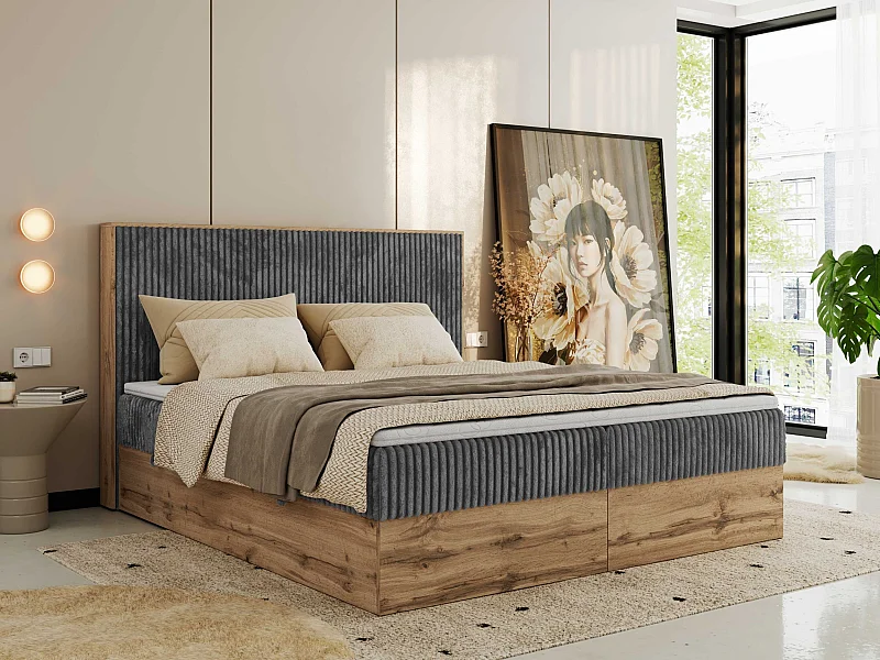 Boxspringbett WOOD CLASSIC - Doppelbett für Schlafzimmer, Set mit Multipocket-Matratze, Holzrahmen - 160x200 cm - H3 - Grau Cord