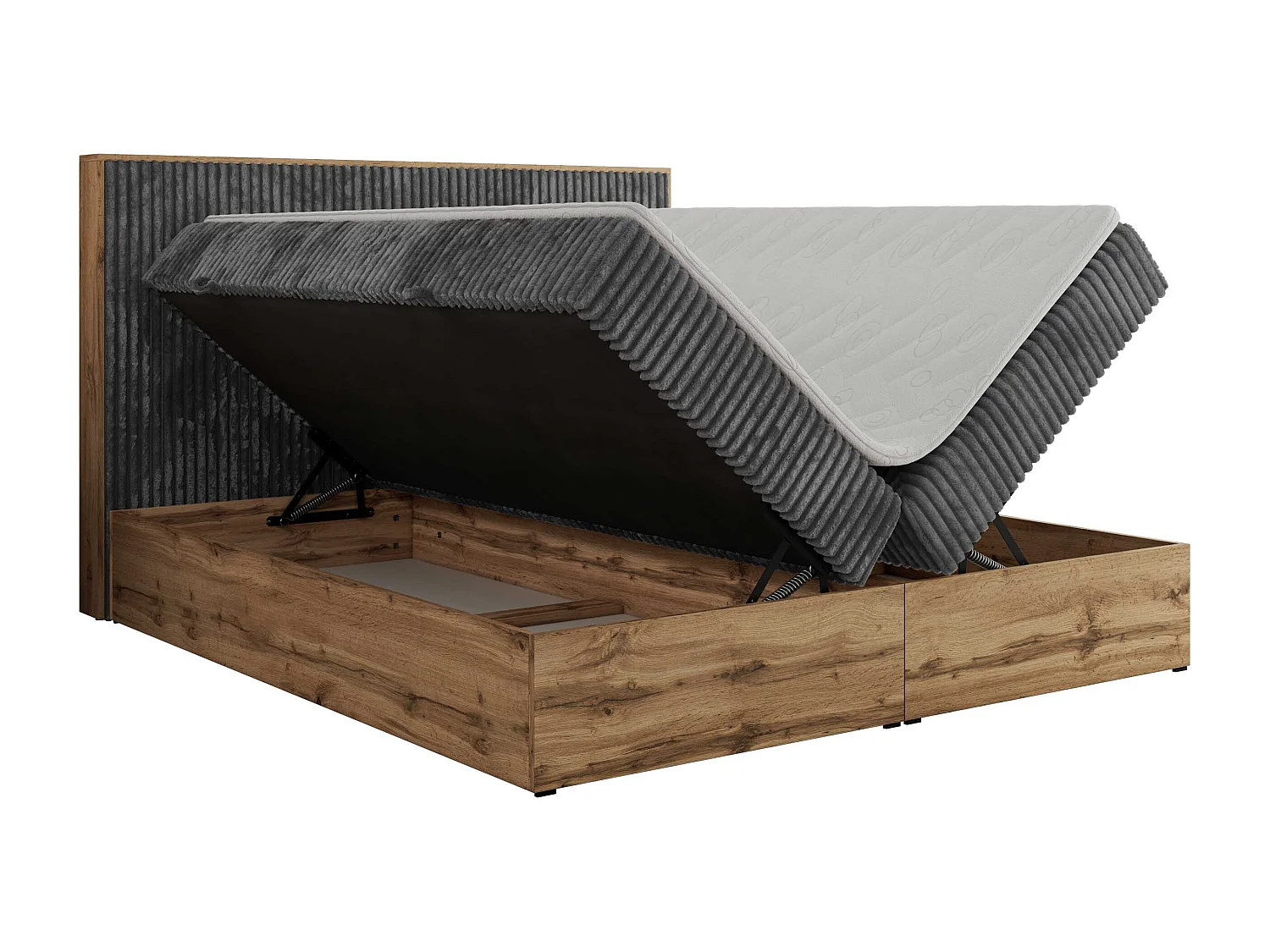 Boxspringbett WOOD CLASSIC - Doppelbett für Schlafzimmer, Set mit Multipocket-Matratze, Holzrahmen - 160x200 cm - H3 - Grau Cord