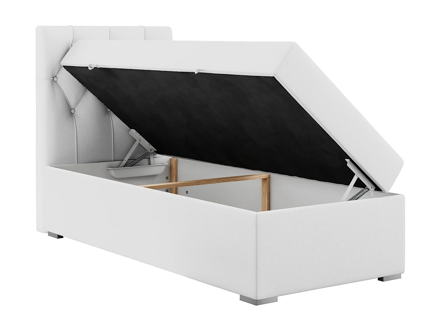 Boxspringbett ALDA - Einzelbett mit gestepptem Kopfteil, Multipocket-Matratze und Topper, Bettkasten - 90x200 cm - H3 - Weiß Kunstleder - Links Seite