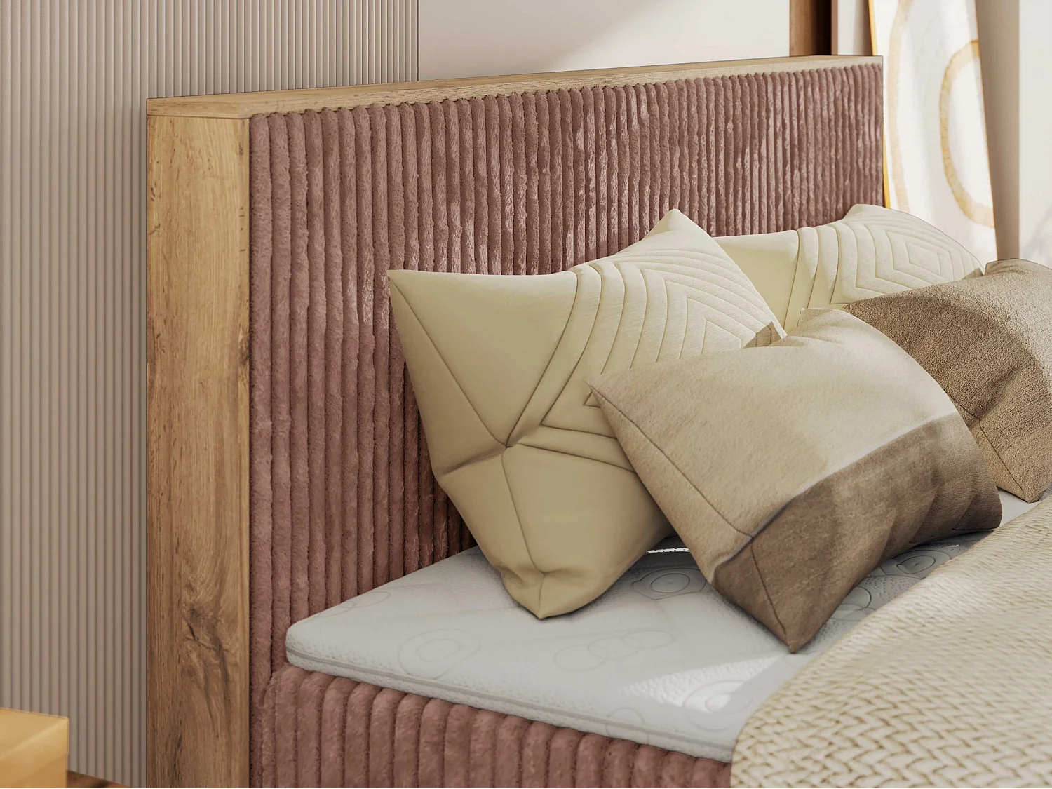 Boxspringbett WOOD CLASSIC KING - Polsterbett mit hohe Kopfteil, zwei Multipocket-Matratze, Bettkästen - 180x200 cm - H3 - Rosa Cord