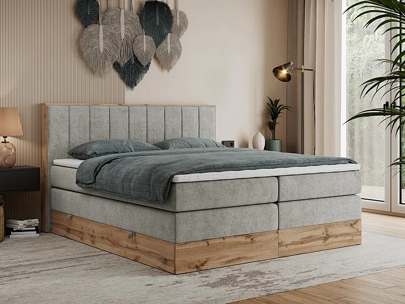 Boxspringbett BELLISSIMO KING - für Schlafzimmer, zwei Multipocket-Matratzen, Set mit Kopfteil und Topper, Holzrahmen - 180x200 cm - H3 - Hellgrau Strukture