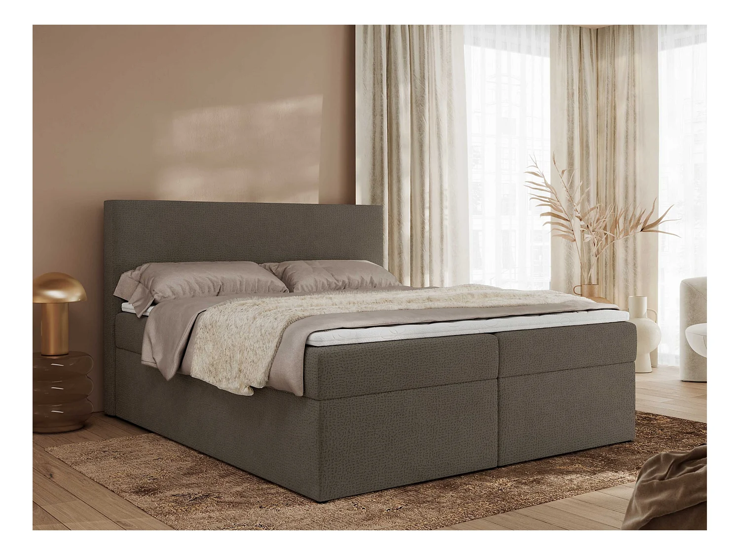 Boxspringbett JAGUAR - Doppelbett mit Multipocket-Matratze und Topper, Struktur dekostoff, zwei Bettkästen - 200x200 cm - H4 - Braun Struktur