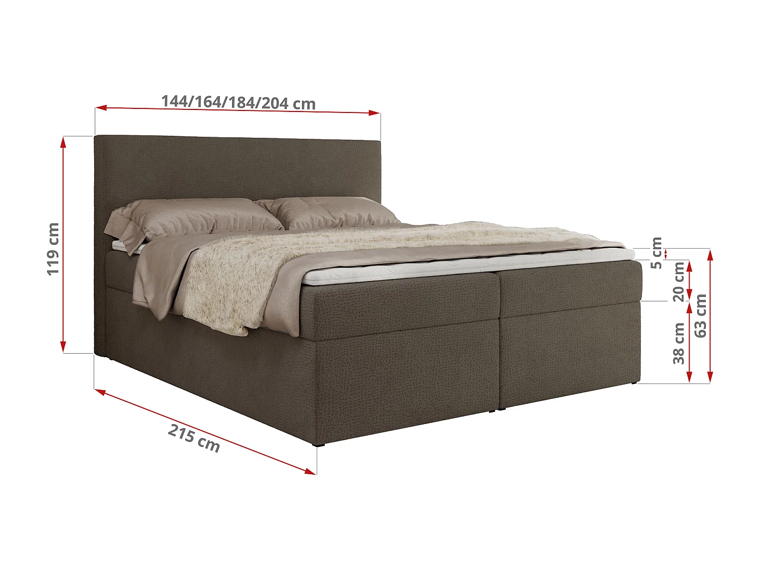 Boxspringbett JAGUAR - Doppelbett mit Multipocket-Matratze und Topper, Struktur dekostoff, zwei Bettkästen - 200x200 cm - H4 - Braun Struktur