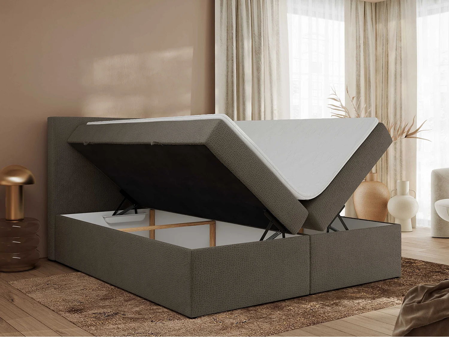 Boxspringbett JAGUAR - Doppelbett mit Multipocket-Matratze und Topper, Struktur dekostoff, zwei Bettkästen - 200x200 cm - H4 - Braun Struktur