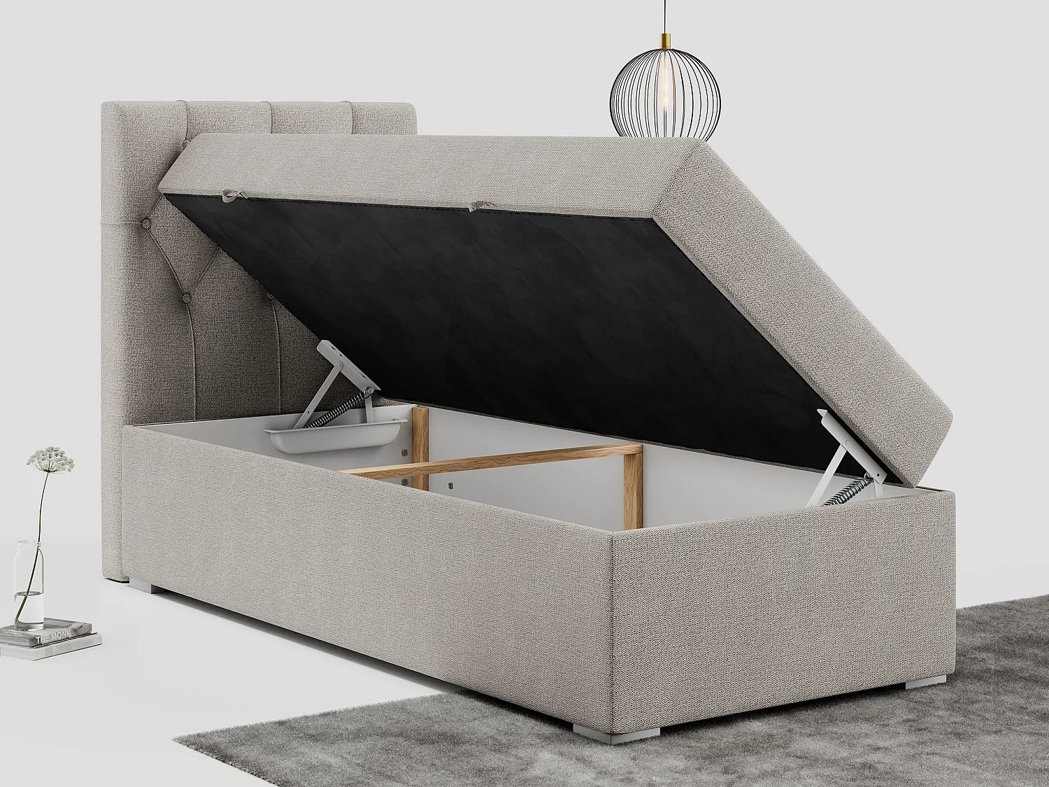 Boxspringbett ALDA - Einzelbett mit gestepptem Kopfteil, Multipocket-Matratze und Topper, Bettkasten - 90x200 cm - H3 - Beige Strukture - Links Seite