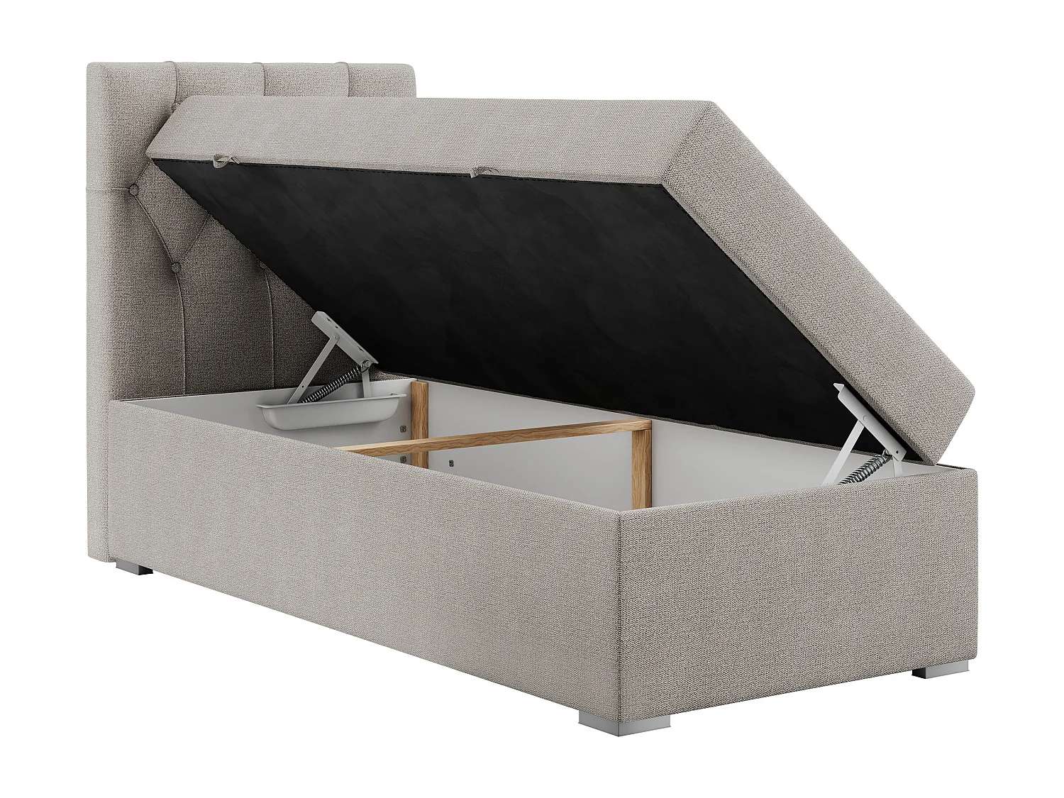 Boxspringbett ALDA - Einzelbett mit gestepptem Kopfteil, Multipocket-Matratze und Topper, Bettkasten - 90x200 cm - H3 - Beige Strukture - Links Seite