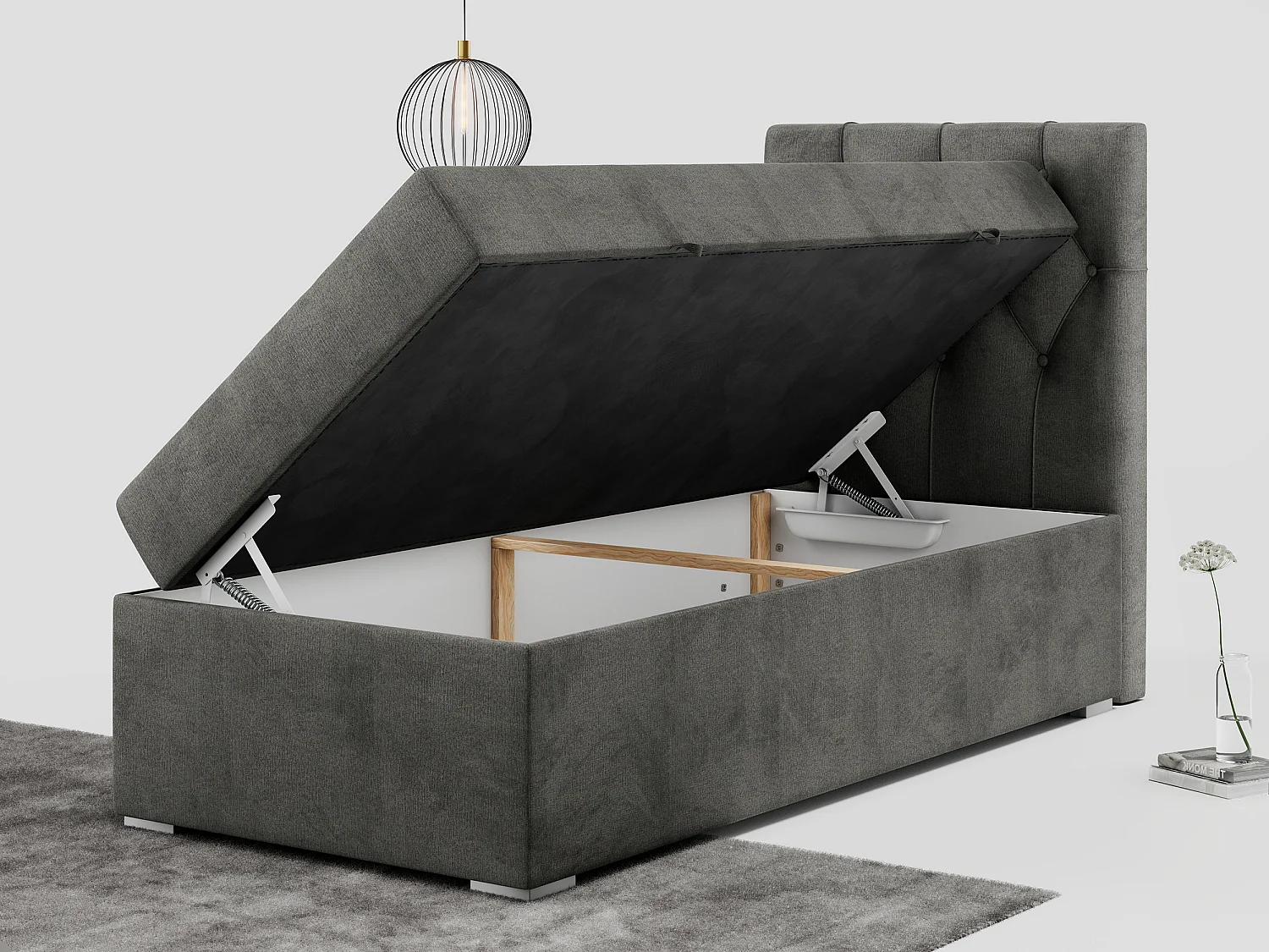 Boxspringbett ALDA - Einzelbett mit gestepptem Kopfteil, Multipocket-Matratze und Topper, Bettkasten - 90x200 cm - H4 - Dunkelgrau Velvet - Rechts Seite