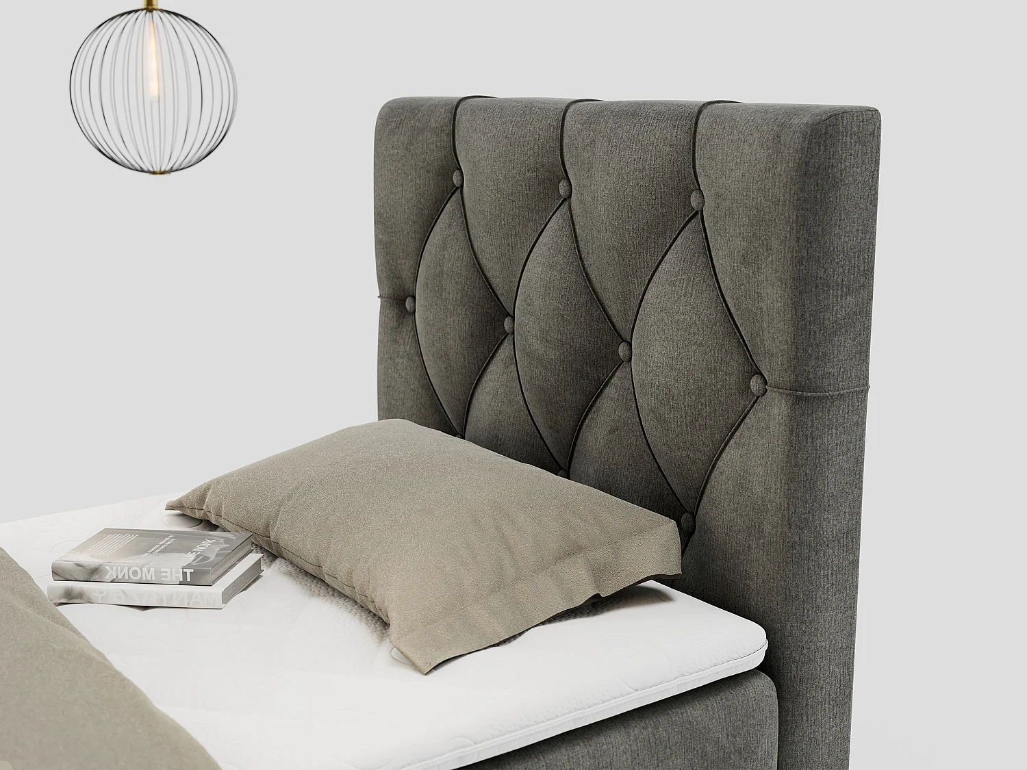 Boxspringbett ALDA - Einzelbett mit gestepptem Kopfteil, Multipocket-Matratze und Topper, Bettkasten - 90x200 cm - H4 - Dunkelgrau Velvet - Rechts Seite