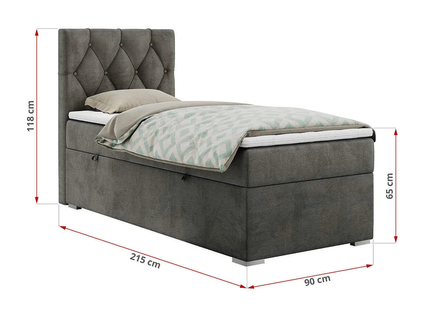 Boxspringbett ALDA - Einzelbett mit gestepptem Kopfteil, Multipocket-Matratze und Topper, Bettkasten - 90x200 cm - H4 - Dunkelgrau Velvet - Rechts Seite