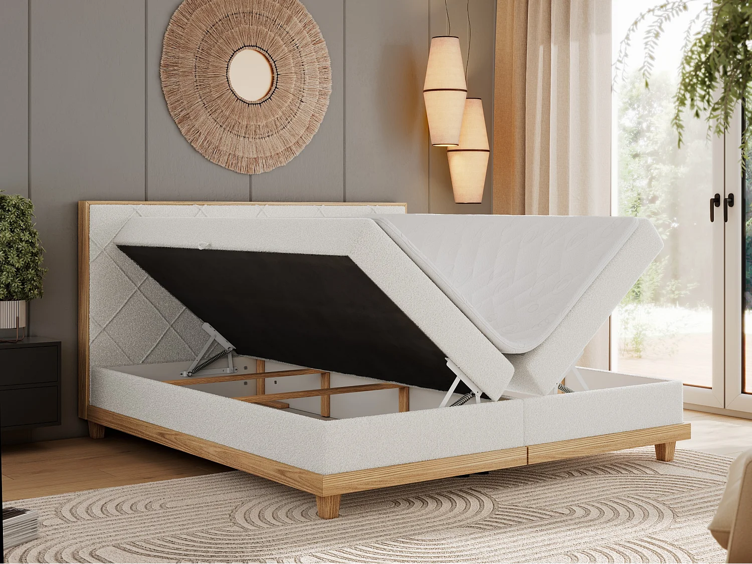 Boxspringbett CAICOS - mit gestepptem Kopfteil, Multipocket-Matratze und Topper, Holzelementen - 140x200 cm - H3 - Weiß Boucle