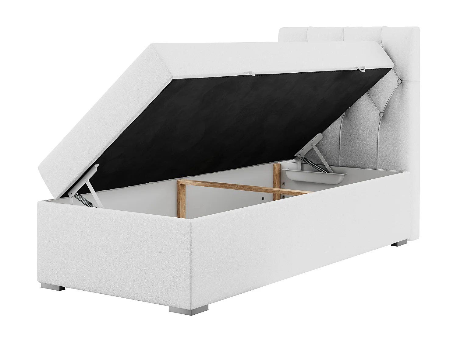 Boxspringbett ALDA - Einzelbett mit gestepptem Kopfteil, Multipocket-Matratze und Topper, Bettkasten - 90x200 cm - H3 - Weiß Kunstleder - Rechts Seite