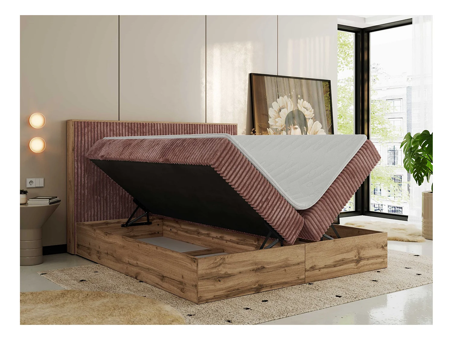Boxspringbett WOOD CLASSIC - Doppelbett für Schlafzimmer, Set mit Multipocket-Matratze, Holzrahmen - 140x200 cm - H3 - Rosa Cord
