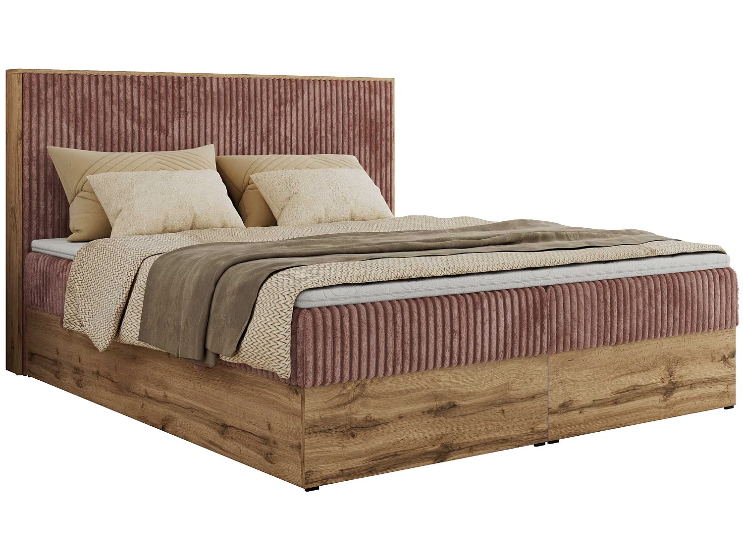 Lit boxspring - Dureté H3 + Topper T25 - Rose Velours côtelé - 140x200 - WOOD CLASSIC