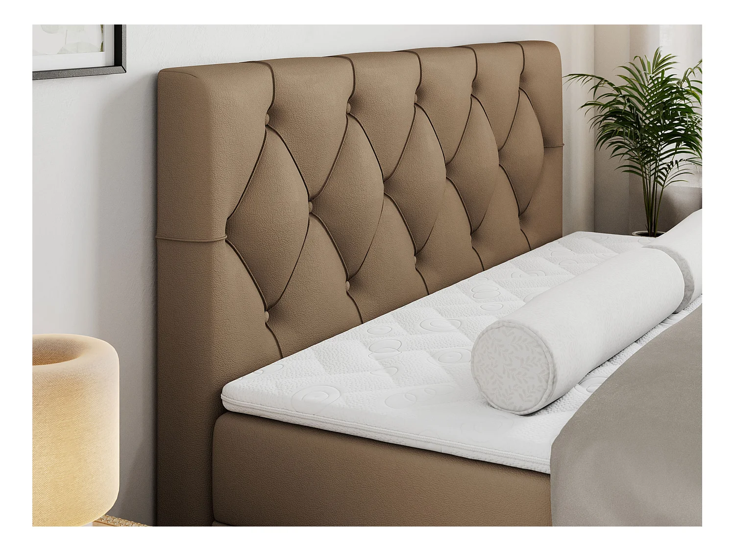 Boxspringbett ALDA - Doppelbett mit gestepptem Kopfteil, Multipocket-Matratze und Topper, zwei Bettkästen - 180x200 cm - H3 - Braun Kunstleder