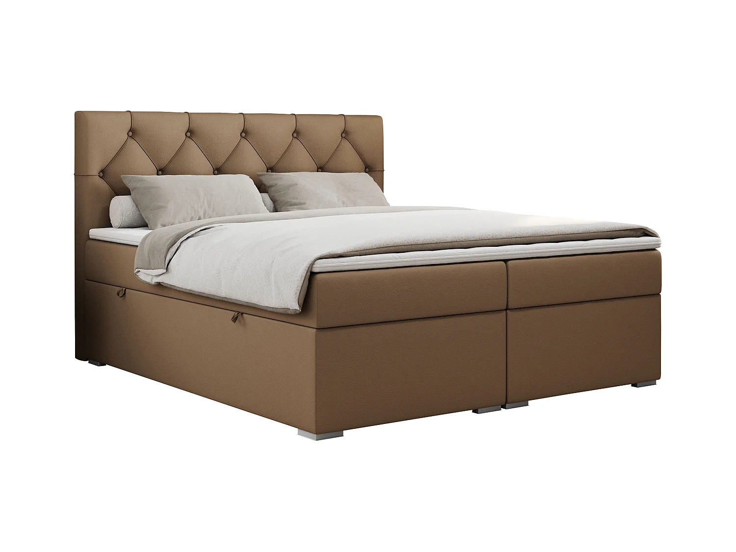 Boxspringbett ALDA - Doppelbett mit gestepptem Kopfteil, Multipocket-Matratze und Topper, zwei Bettkästen - 180x200 cm - H3 - Braun Kunstleder