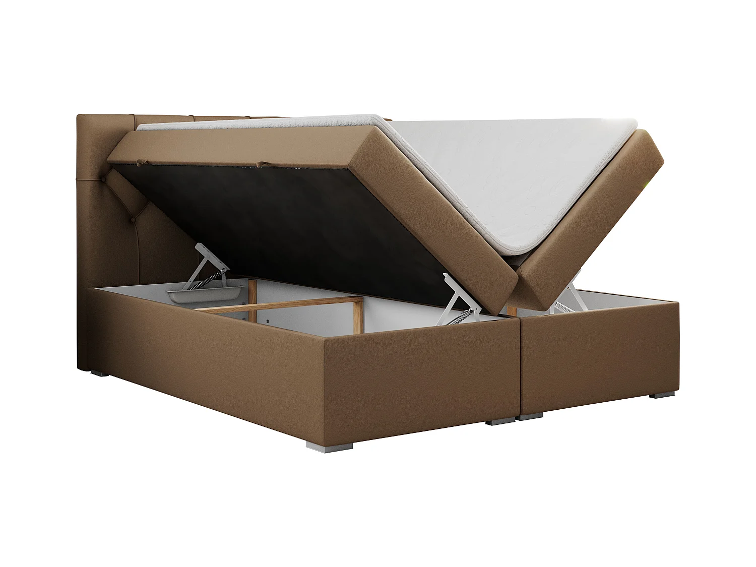 Boxspringbett ALDA - Doppelbett mit gestepptem Kopfteil, Multipocket-Matratze und Topper, zwei Bettkästen - 180x200 cm - H3 - Braun Kunstleder