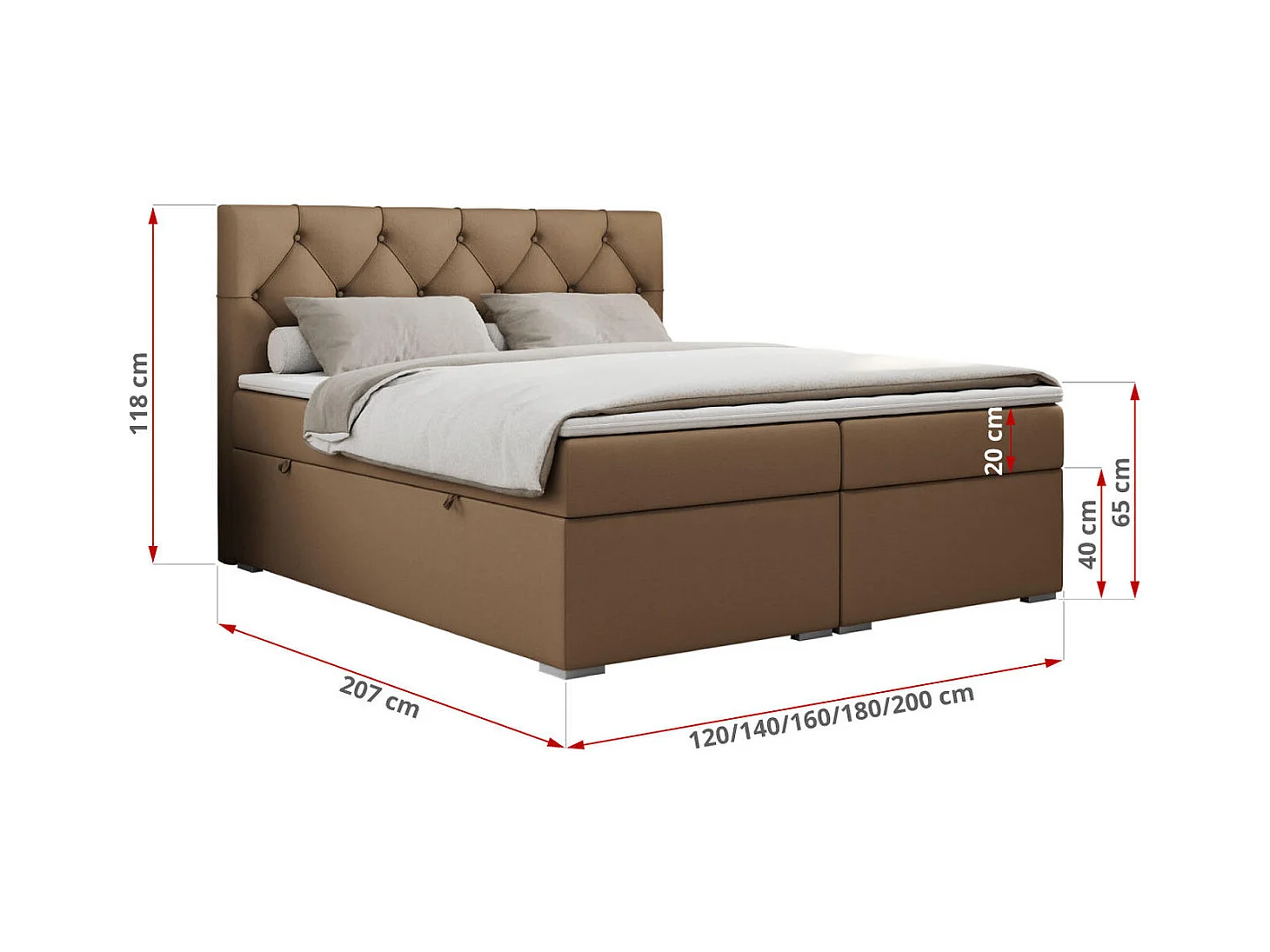 Boxspringbett ALDA - Doppelbett mit gestepptem Kopfteil, Multipocket-Matratze und Topper, zwei Bettkästen - 180x200 cm - H3 - Braun Kunstleder