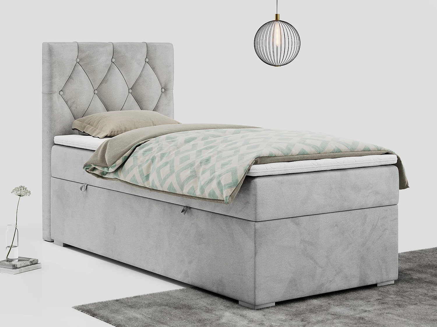 Boxspringbett ALDA - Einzelbett mit gestepptem Kopfteil, Multipocket-Matratze und Topper, Bettkasten - 90x200 cm - H4 - Hellgrau Velvet - Links Seite