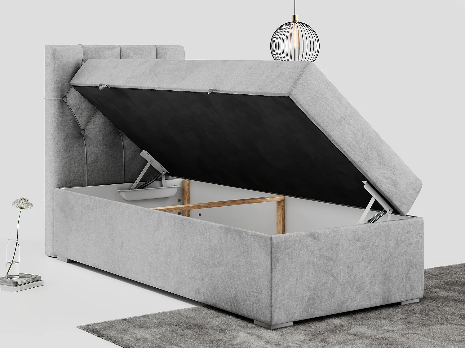 Boxspringbett ALDA - Einzelbett mit gestepptem Kopfteil, Multipocket-Matratze und Topper, Bettkasten - 90x200 cm - H4 - Hellgrau Velvet - Links Seite