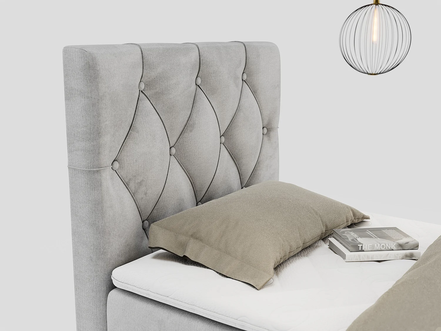 Boxspringbett ALDA - Einzelbett mit gestepptem Kopfteil, Multipocket-Matratze und Topper, Bettkasten - 90x200 cm - H4 - Hellgrau Velvet - Links Seite