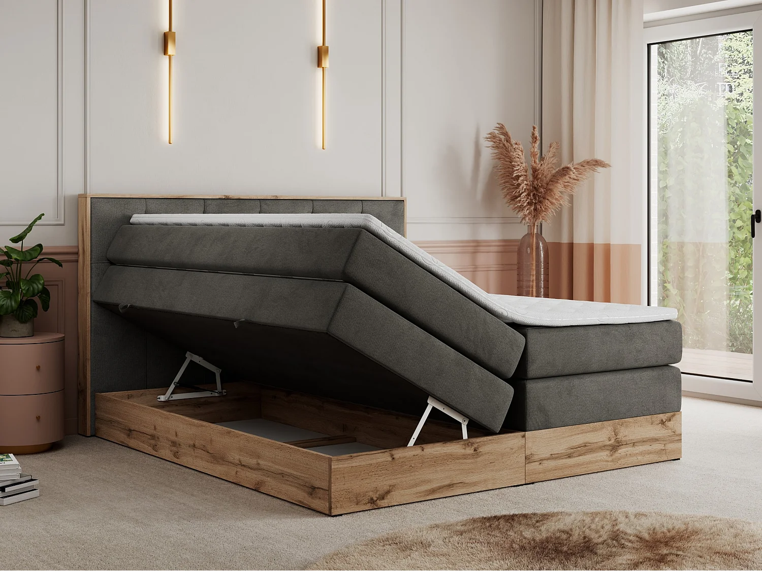 Boxspringbett VENETO KING - Polsterbett mit Multipocket-Matratzen und Kopfteil, Holzrahmen, zwei Bettkästen - 180x200 cm - H4 - Dunkelgrau Velvet