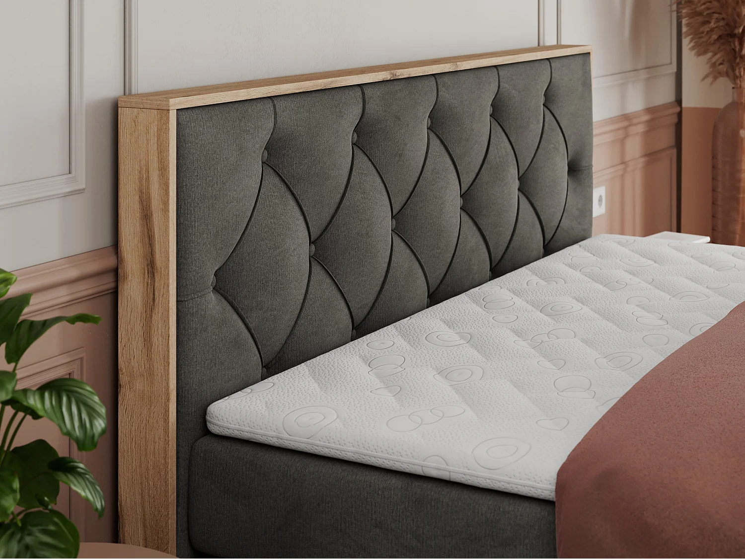 Boxspringbett VENETO KING - Polsterbett mit Multipocket-Matratzen und Kopfteil, Holzrahmen, zwei Bettkästen - 180x200 cm - H4 - Dunkelgrau Velvet