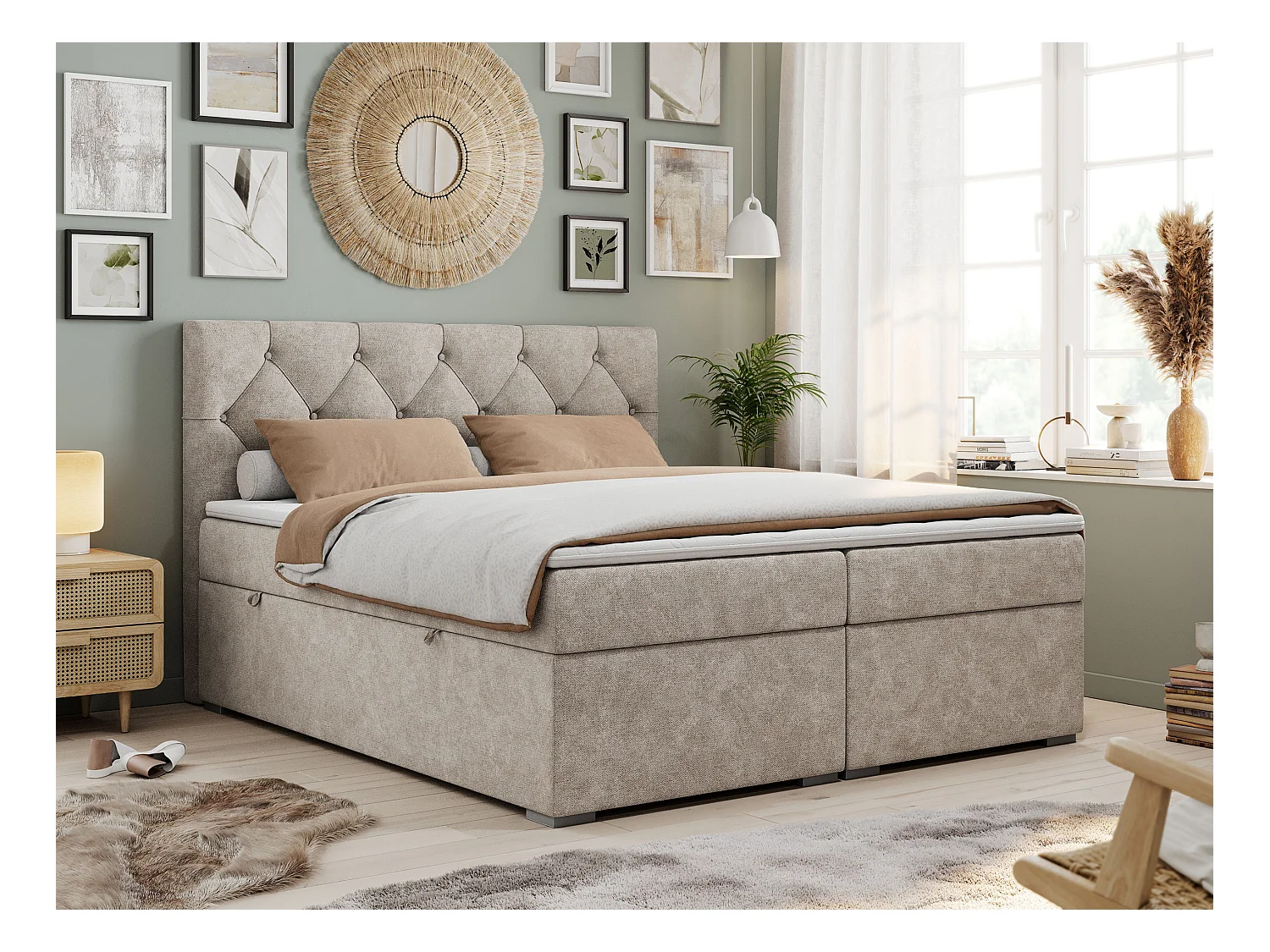 Boxspringbett ALDA - Doppelbett mit gestepptem Kopfteil, Multipocket-Matratze und Topper, zwei Bettkästen - 120x200 cm - H3 - Beige Strukture