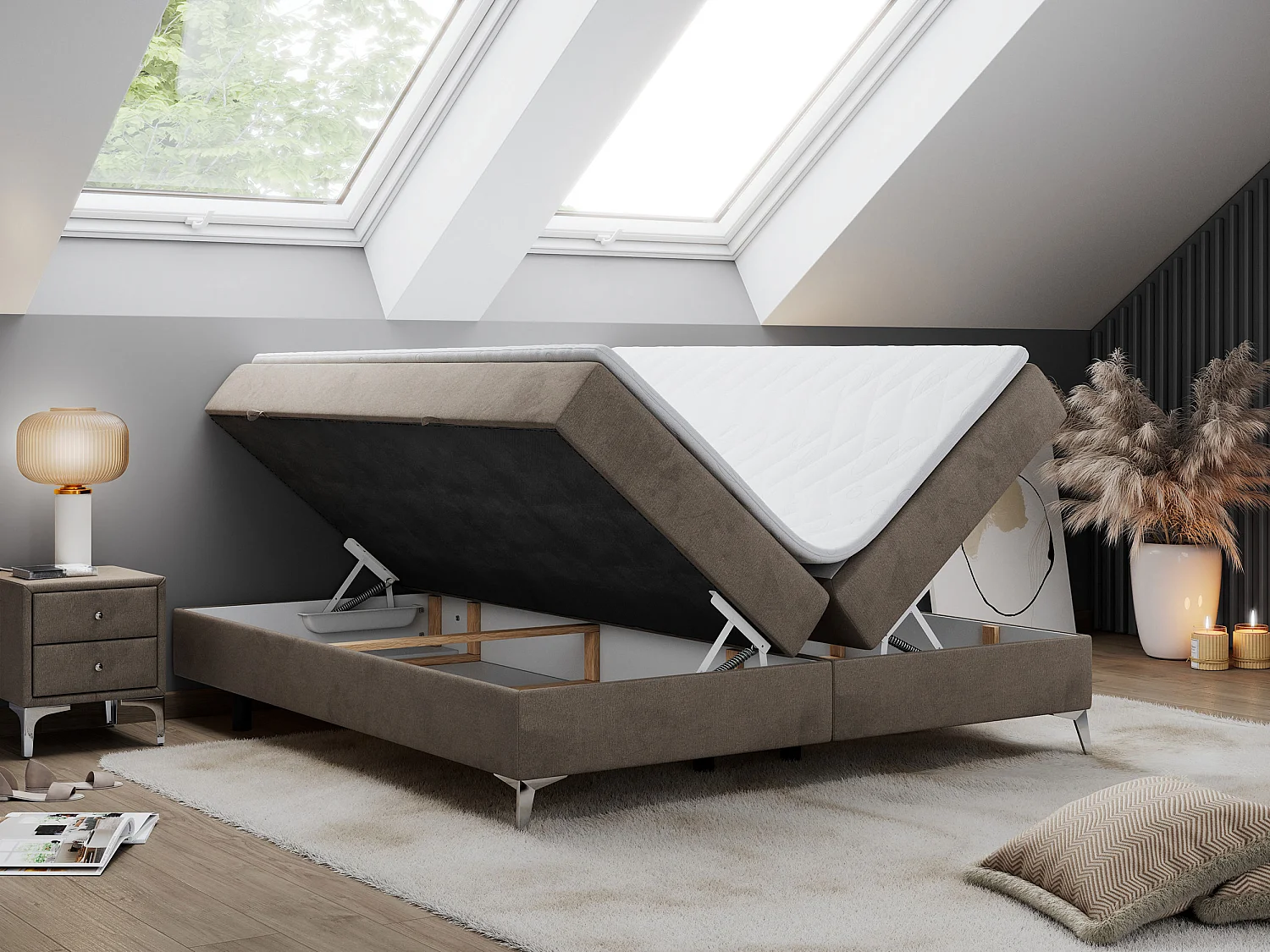 Boxspringbett LESS - Doppelbett mit zwei Bettkästen, 7 Härtezonen Multipocket-Matratzen, hohe Metallbeine - 160x200 cm - H4 - Braun Velvet