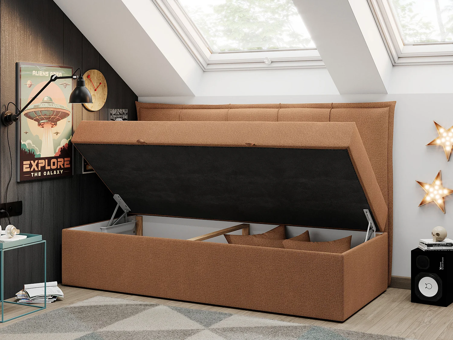 Kinderbett BANCO - Einzelbett für Jugendliche, Set mit Kopfteil und Matratze, Boxspringbett, Bettkasten - 90x200 cm - Orange Strukture