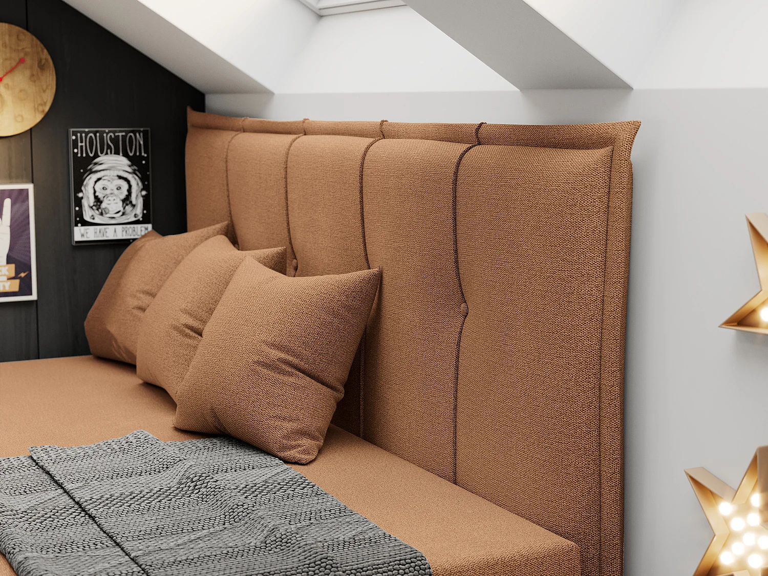 Kinderbett BANCO - Einzelbett für Jugendliche, Set mit Kopfteil und Matratze, Boxspringbett, Bettkasten - 90x200 cm - Orange Strukture