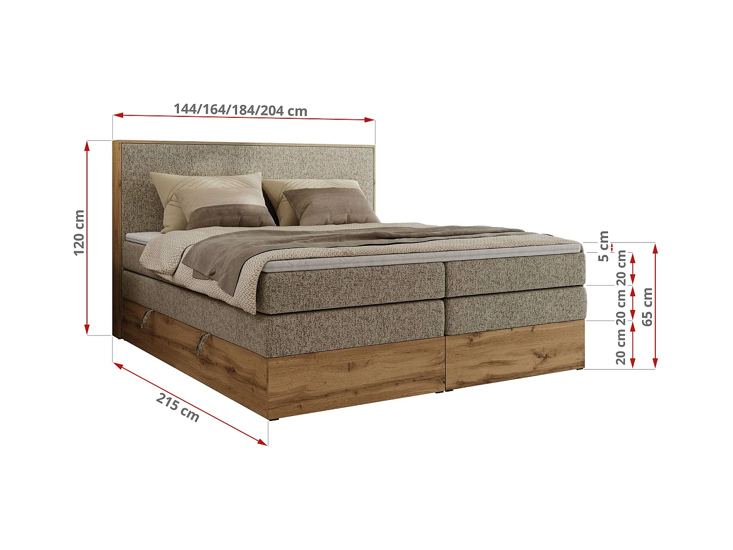 Boxspringbett WOOD CLASSIC KING - Polsterbett mit hohe Kopfteil, zwei Multipocket-Matratze, Bettkästen - 180x200 cm - H4 - Dunkelbeige Strukture