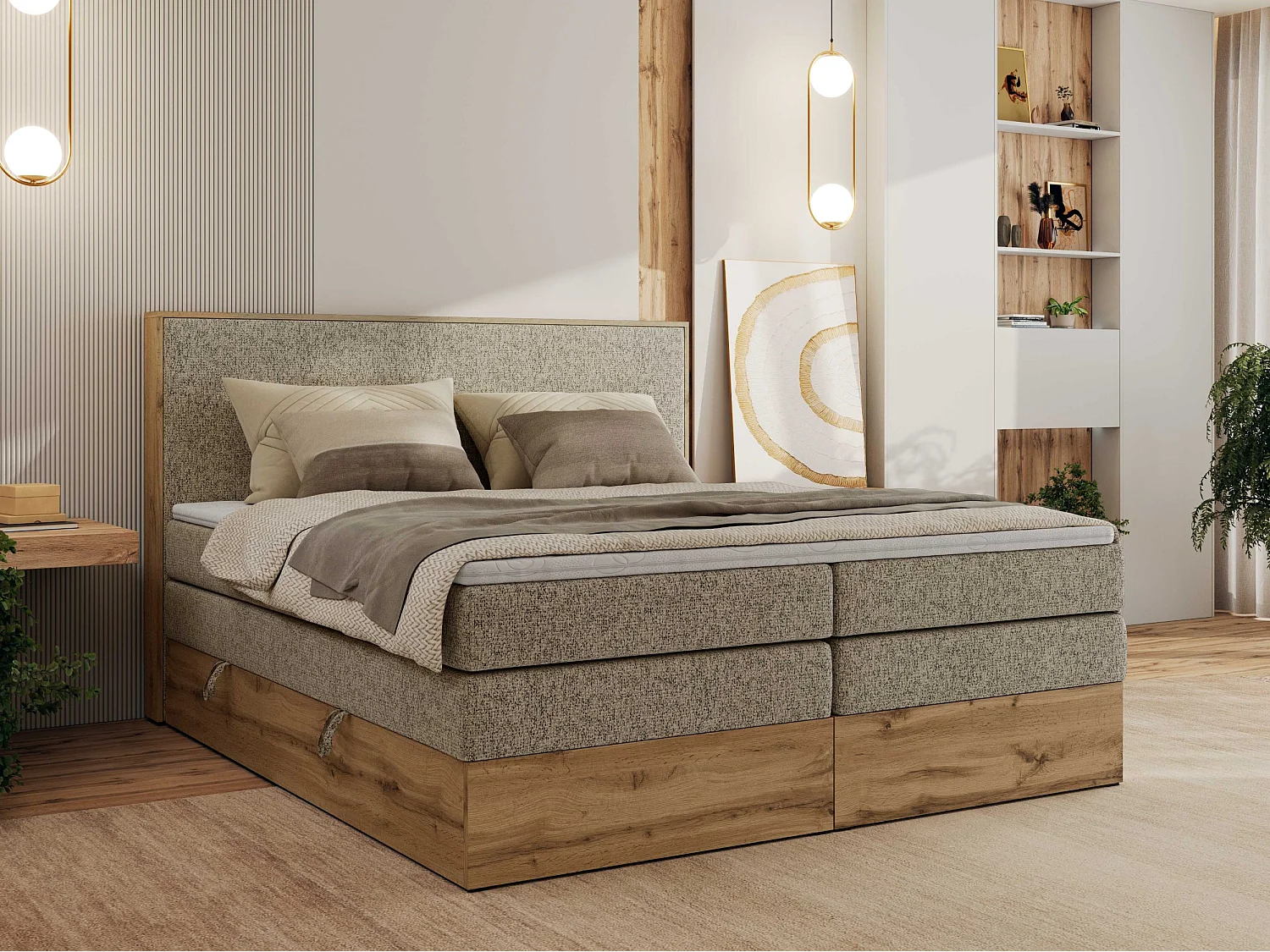 Boxspringbett WOOD CLASSIC KING - Polsterbett mit hohe Kopfteil, zwei Multipocket-Matratze, Bettkästen - 180x200 cm - H4 - Dunkelbeige Strukture