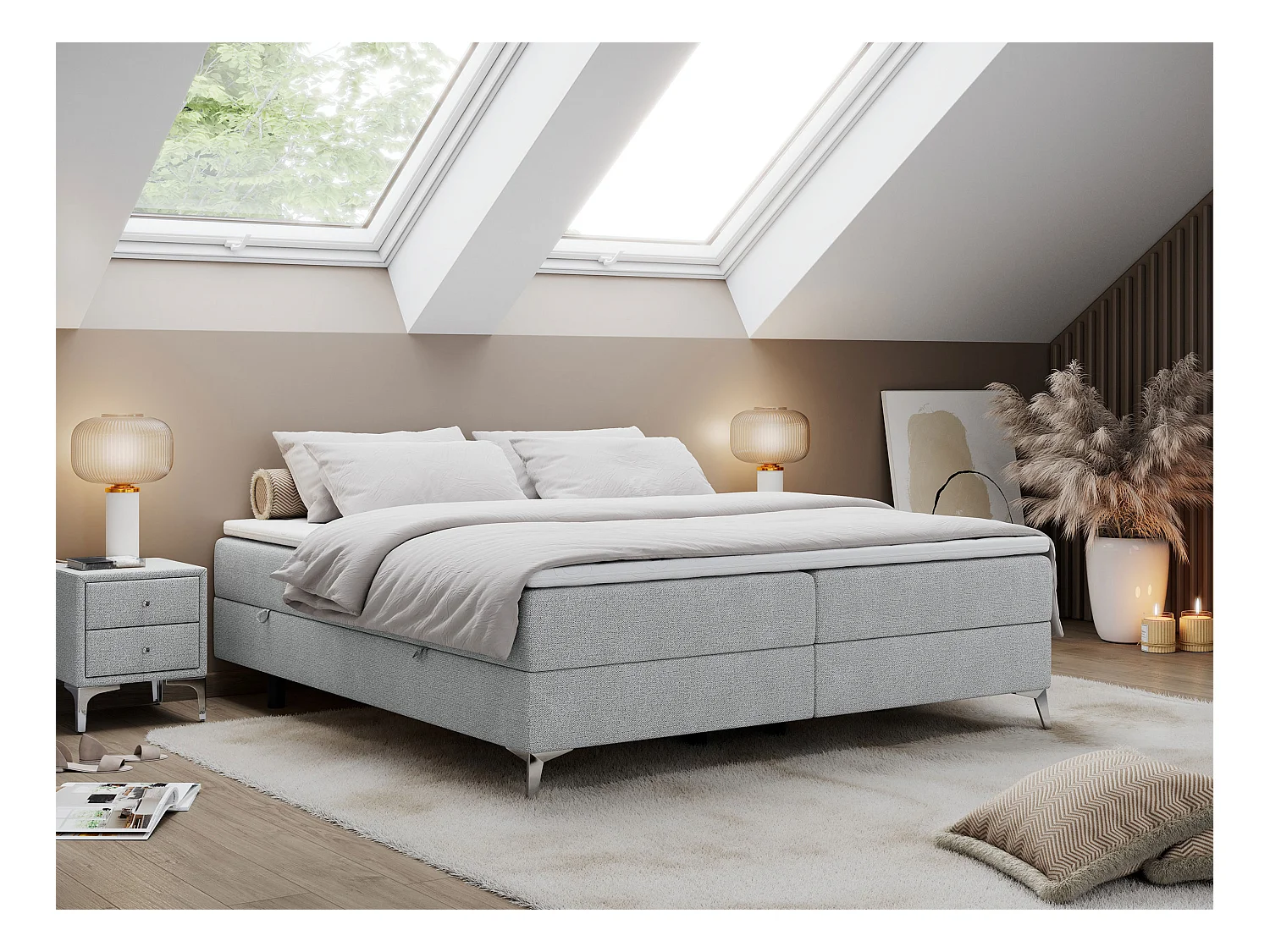 Boxspringbett LESS - Doppelbett mit zwei Bettkästen, 7 Härtezonen Multipocket-Matratzen, hohe Metallbeine - 140x200 cm - H4 - Hellgrau Strukture