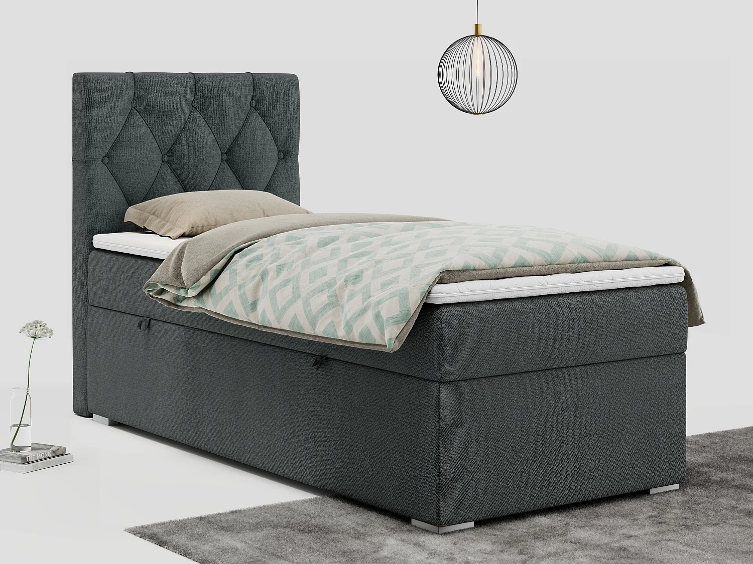 Boxspringbett ALDA - Einzelbett mit gestepptem Kopfteil, Multipocket-Matratze und Topper, Bettkasten - 90x200 cm - H3 - Dunkelgrau Strukture - Links Seite