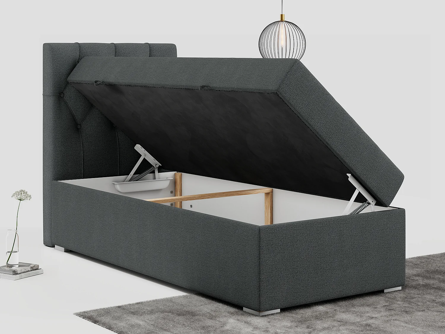 Boxspringbett ALDA - Einzelbett mit gestepptem Kopfteil, Multipocket-Matratze und Topper, Bettkasten - 90x200 cm - H3 - Dunkelgrau Strukture - Links Seite