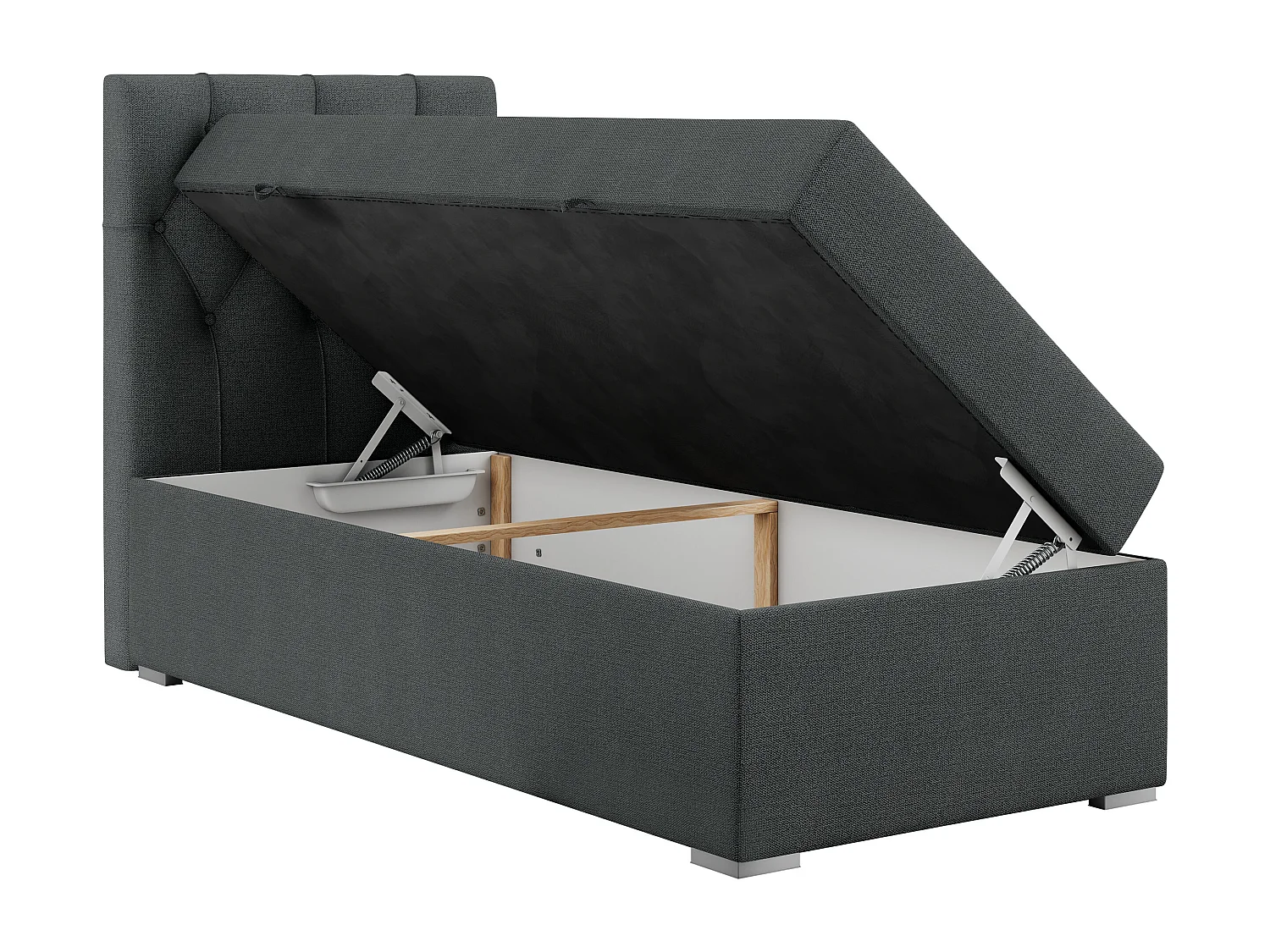 Boxspringbett ALDA - Einzelbett mit gestepptem Kopfteil, Multipocket-Matratze und Topper, Bettkasten - 90x200 cm - H3 - Dunkelgrau Strukture - Links Seite