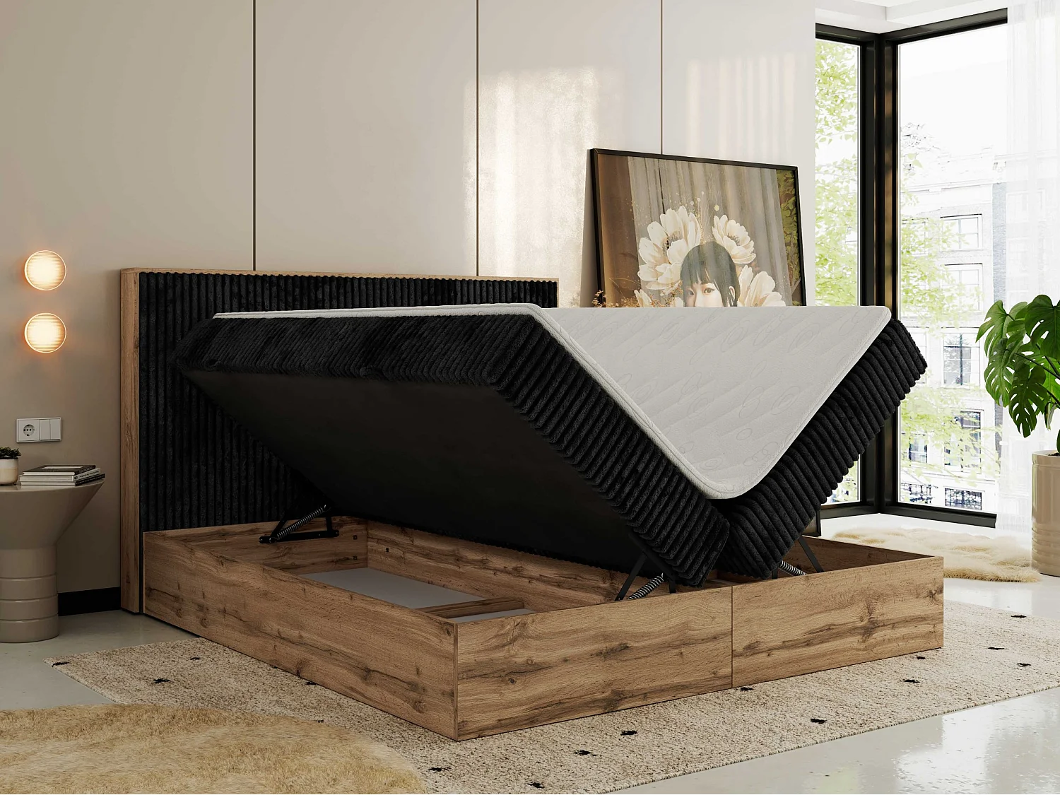 Boxspringbett WOOD CLASSIC - Doppelbett für Schlafzimmer, Set mit Multipocket-Matratze, Holzrahmen - 140x200 cm - H4 - Schwarz Cord