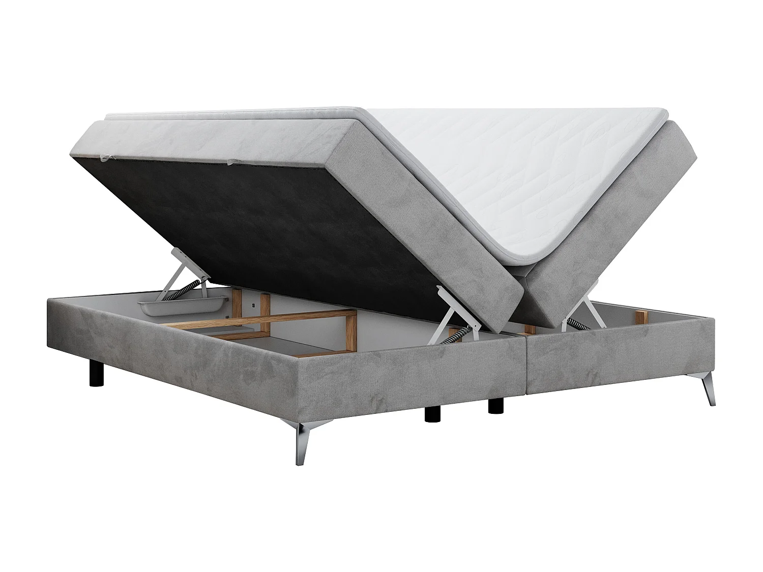 Boxspringbett LESS - Doppelbett mit zwei Bettkästen, 7 Härtezonen Multipocket-Matratzen, hohe Metallbeine - 120x200 cm - H4 - Hellgrau Velvet