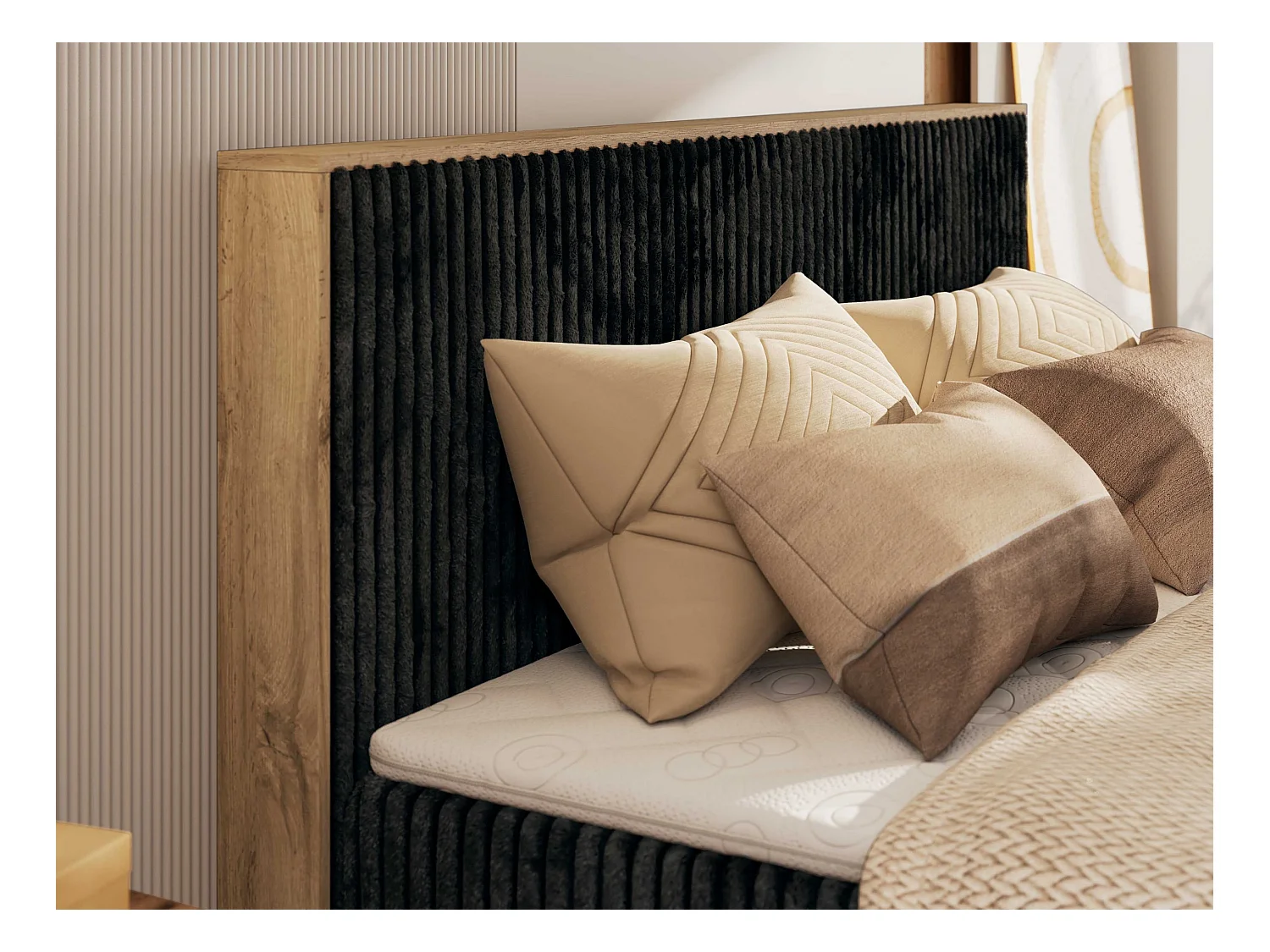 Boxspringbett WOOD CLASSIC KING - Polsterbett mit hohe Kopfteil, zwei Multipocket-Matratze, Bettkästen - 140x200 cm - H3 - Schwarz Cord