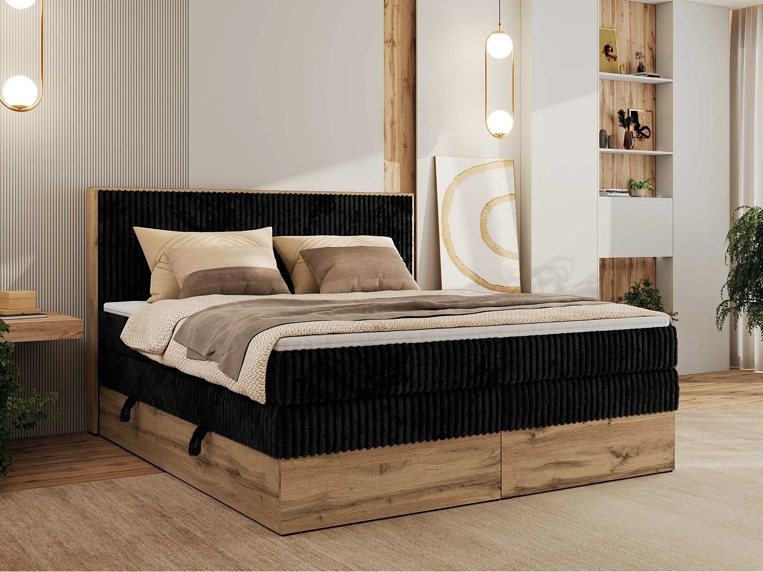 Boxspringbett WOOD CLASSIC KING - Polsterbett mit hohe Kopfteil, zwei Multipocket-Matratze, Bettkästen - 140x200 cm - H3 - Schwarz Cord