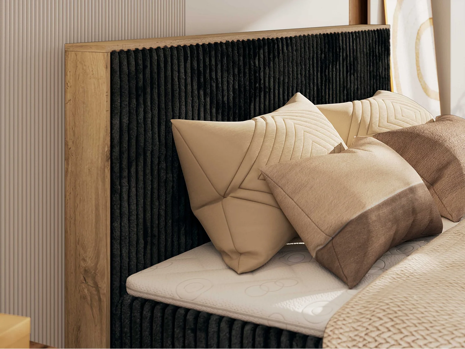 Boxspringbett WOOD CLASSIC KING - Polsterbett mit hohe Kopfteil, zwei Multipocket-Matratze, Bettkästen - 140x200 cm - H3 - Schwarz Cord