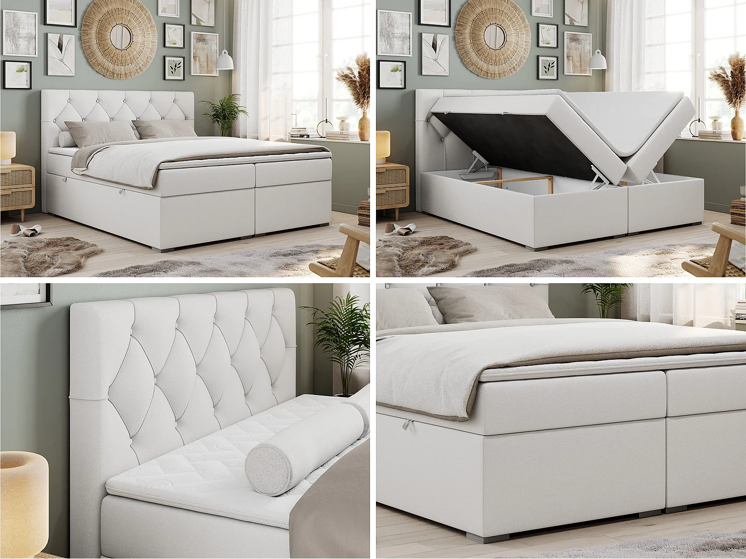 Boxspringbed met hoofdbord H3 + Topper T25 - Wit Kunstleer - 160x200 - ROMA