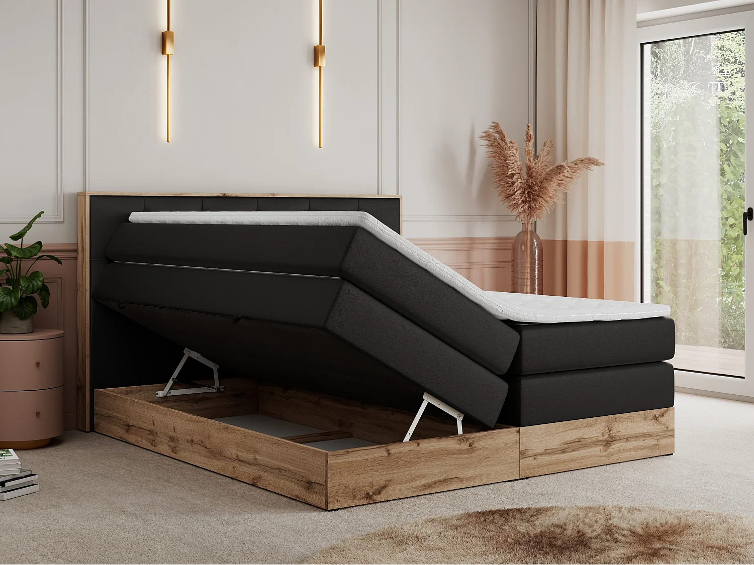 Boxspringbett VENETO KING - Polsterbett mit Multipocket-Matratzen und Kopfteil, Holzrahmen, zwei Bettkästen - 180x200 cm - H4 - Schwarz Kunstleder