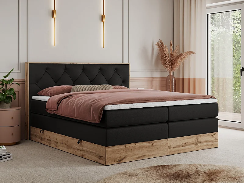 Boxspringbett VENETO KING - Polsterbett mit Multipocket-Matratzen und Kopfteil, Holzrahmen, zwei Bettkästen - 180x200 cm - H4 - Schwarz Kunstleder