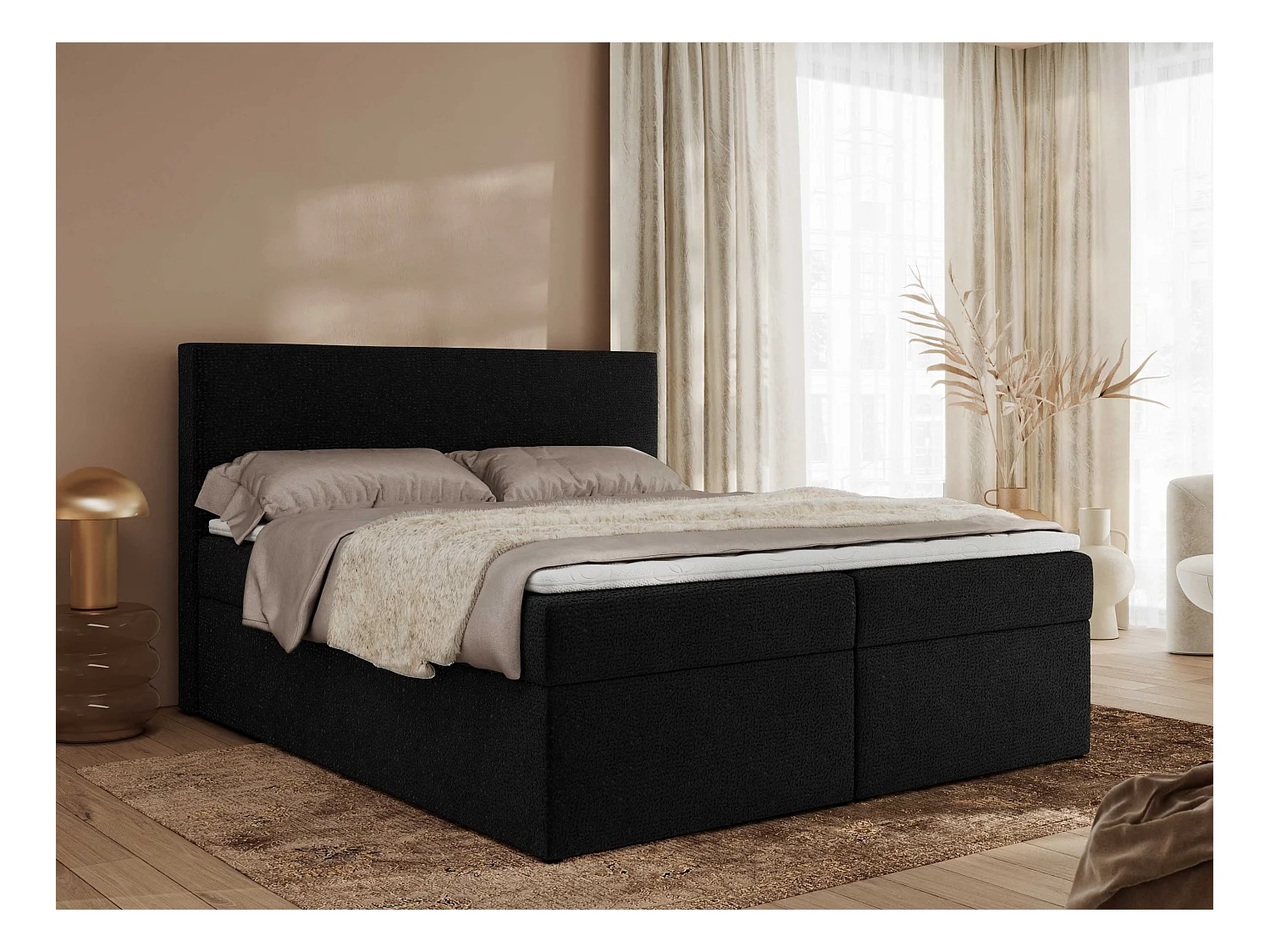 Boxspringbett JAGUAR - Doppelbett mit Multipocket-Matratze und Topper, Struktur dekostoff, zwei Bettkästen - 160x200 cm - H4 - Schwarz Struktur
