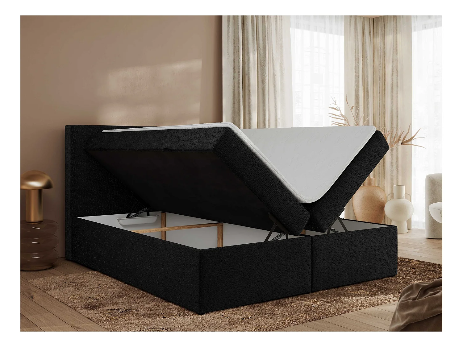 Boxspringbett JAGUAR - Doppelbett mit Multipocket-Matratze und Topper, Struktur dekostoff, zwei Bettkästen - 160x200 cm - H4 - Schwarz Struktur