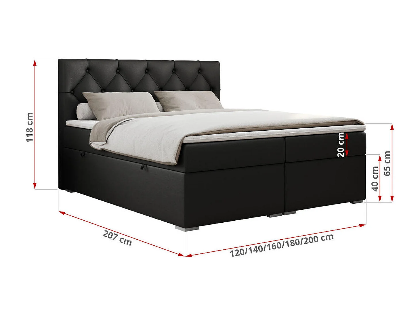Boxspringbett ALDA - Doppelbett mit gestepptem Kopfteil, Multipocket-Matratze und Topper, zwei Bettkästen - 200x200 cm - H4 - Schwarz Kunstleder