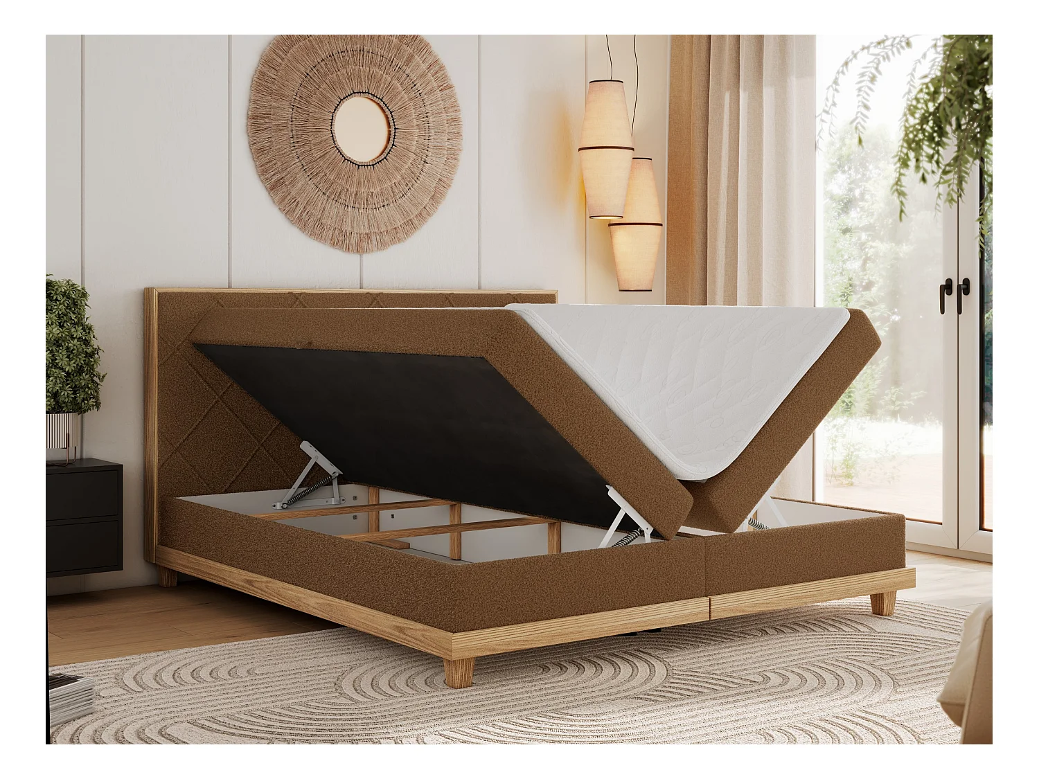 Boxspringbett CAICOS - mit gestepptem Kopfteil, Multipocket-Matratze und Topper, Holzelementen - 160x200 cm - H4 - Braun Boucle