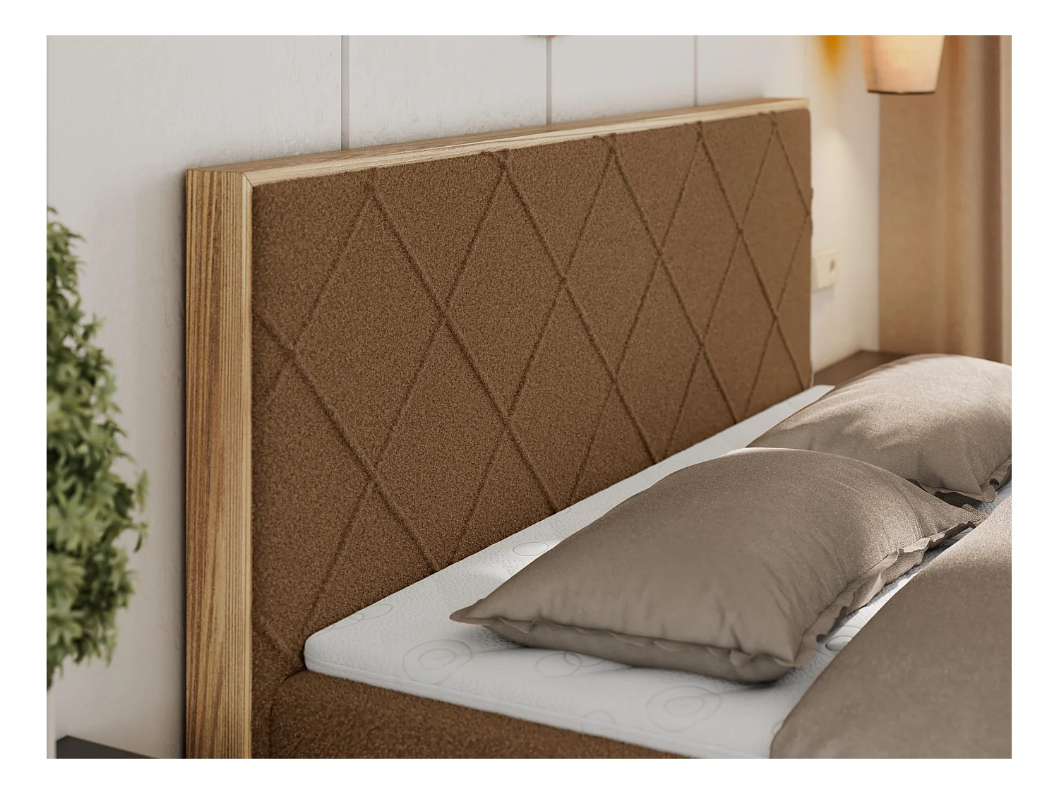 Boxspringbett CAICOS - mit gestepptem Kopfteil, Multipocket-Matratze und Topper, Holzelementen - 160x200 cm - H4 - Braun Boucle